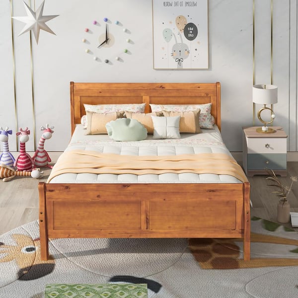 ANBAZAR 57 in. W Full Size Oak Medium Wood Platform Bed Frame with Headboard and Wood Support Slats, No Box Spring Needed
