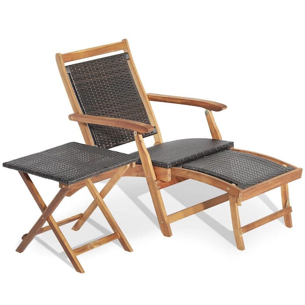 SUNRINX Folding Rattan Outdoor Chaise Lounge Chair with Retractable Footrest and Acacia Wood Table