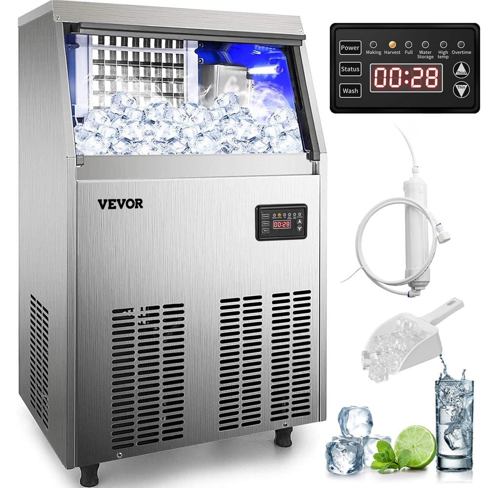 VEVOR 88 lb. Freestanding Commercial Ice Maker in Silver Stainless Steel with 19 lb. Ice Bin with LED Panel, 110-Volt