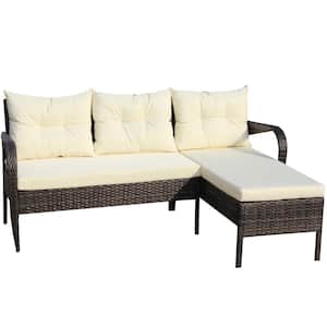 2-Piece Wicker Patio Outdoor Sectional Set with Beige Cushions