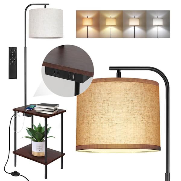 62 in. Walnut 1-Light Tray/Magazine Table Standard Floor Lamp with USB Plus Type-C Charging Holes and Remote Control