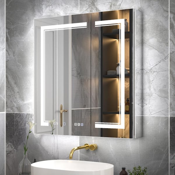 Deluxe 30 in. W x 32 in. H Rectangular Recessed/Surface Mount Medicine Cabinet with Mirror, Backlit and Front Light
