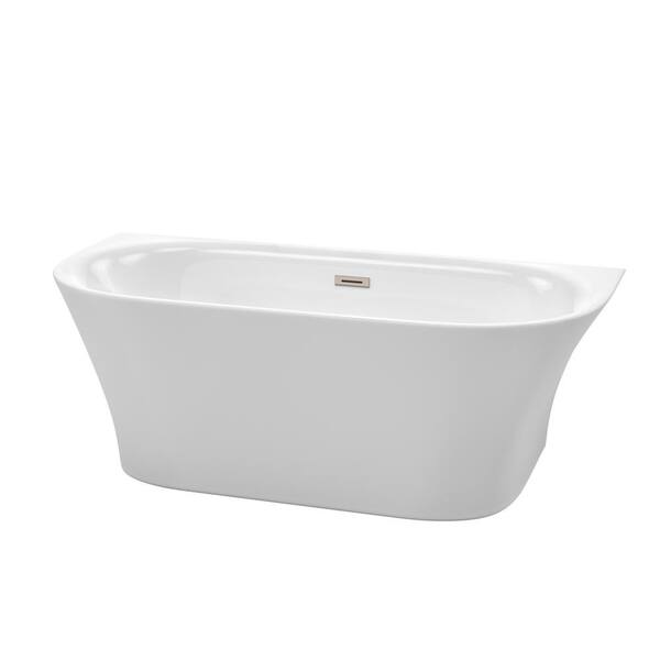 Wyndham Collection Cybill 67 in. Acrylic Flatbottom Bathtub in White with Brushed Nickel Trim