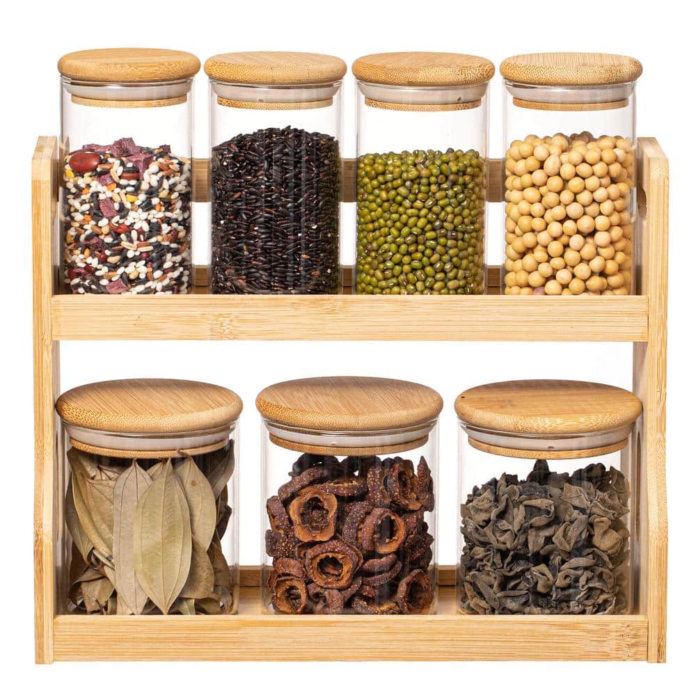 Natural Bamboo 2-Tier Spice Rack with Glass Jars