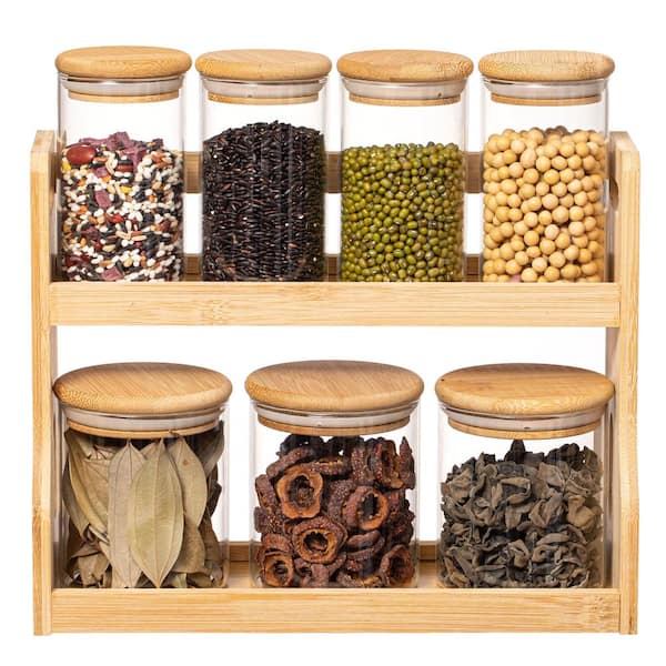 Unbranded Versatile 2-Tier Bamboo Spice Rack and Pantry Organizer with 7 Glass Jars - Perfect for Countertop Storage in Kitchens