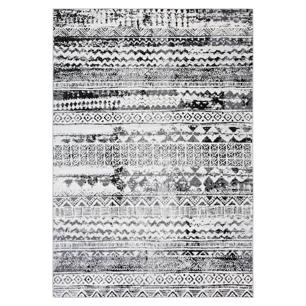 Brentwood 5 ft. x 8 ft. Black/Ivory Distressed Striped Area Rug