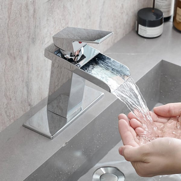 Single Handle Single Hole Bathroom Faucet with Deckplate Included, Waterfall Bathroom Sink Faucet in Chrome