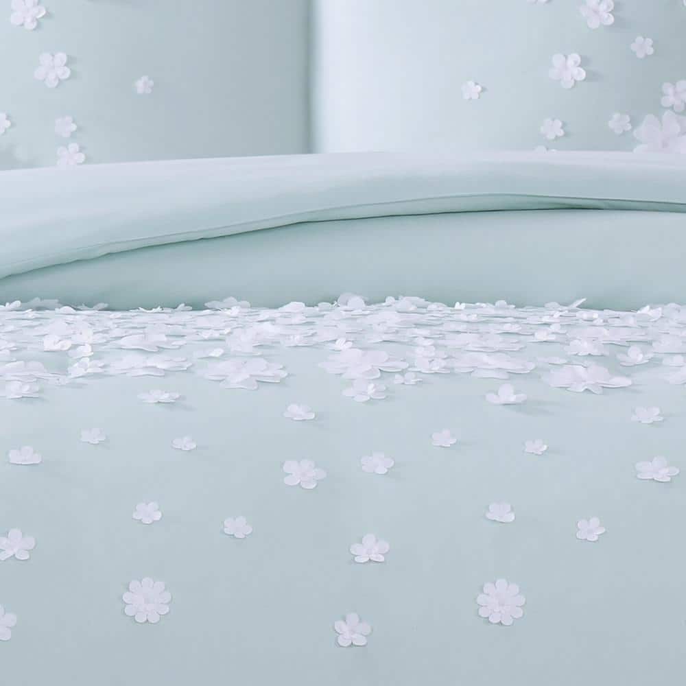Mint Microfiber Full/Queen Duvet Set with Floral Applique