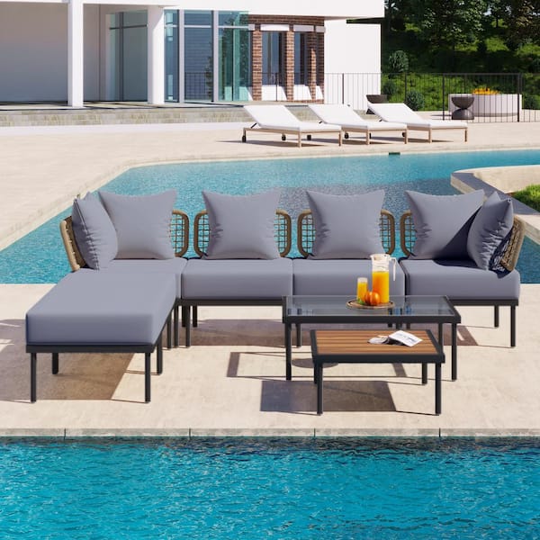 Unbranded 8-Piece Metal Patio Conversation Set Patio Sectional Sofa Set with Coffee Tables and Light Grey Cushions