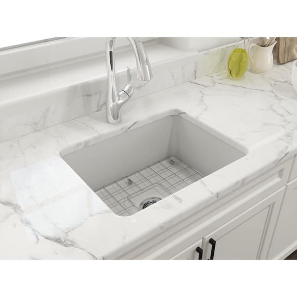 BOCCHI Sotto Matte White Fireclay 24 in. Single Bowl Undermount/Drop-In Kitchen Sink w/Protective Bottom Grid and Strainer