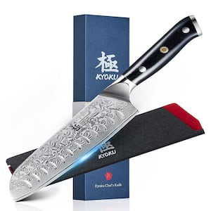 7 in. VG10 Damascus Stainless Steel Full Tang Japanese V-Edge Santoku Knife with Silver Ion Blade G10 Handle Mosaic Pin