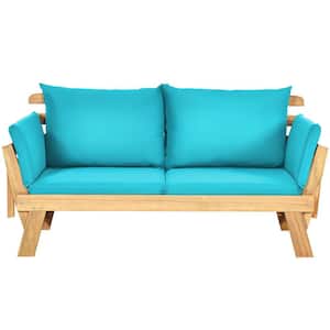Natural Wood Adjustable Convertible Sofa Outdoor Couch with Turquoise Cushions