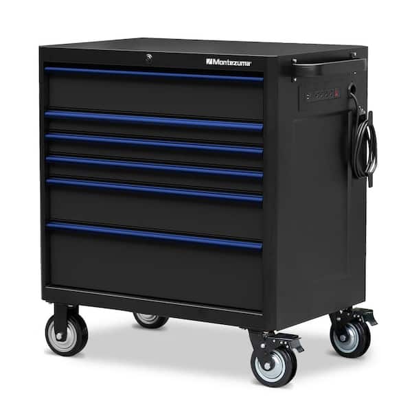 Montezuma 36 in. x 24 in. 6-Drawer Roller Cabinet Tool Chest with Power and USB Outlets in Black and Blue