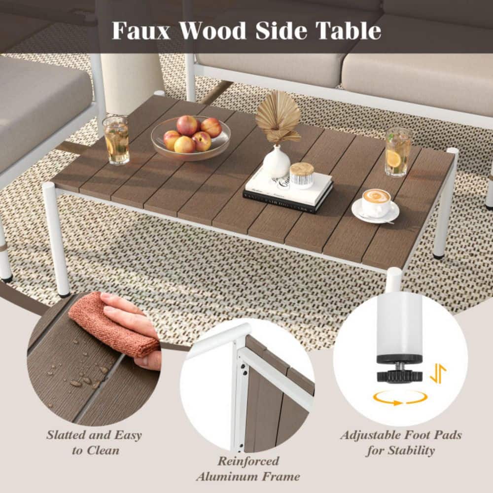 Infographic showing the faux wood table features, aluminum frame, and adjustable foot pads.