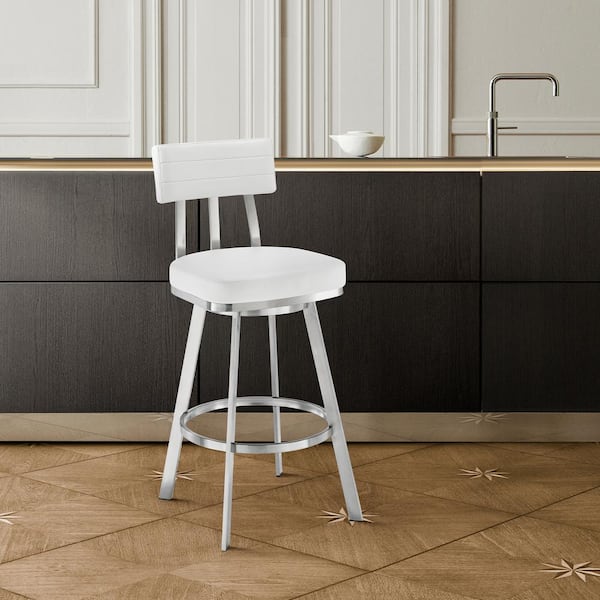 Armen Living Benjamin 30 in. White High Back Metal Bar Stool with Faux Leather Seat