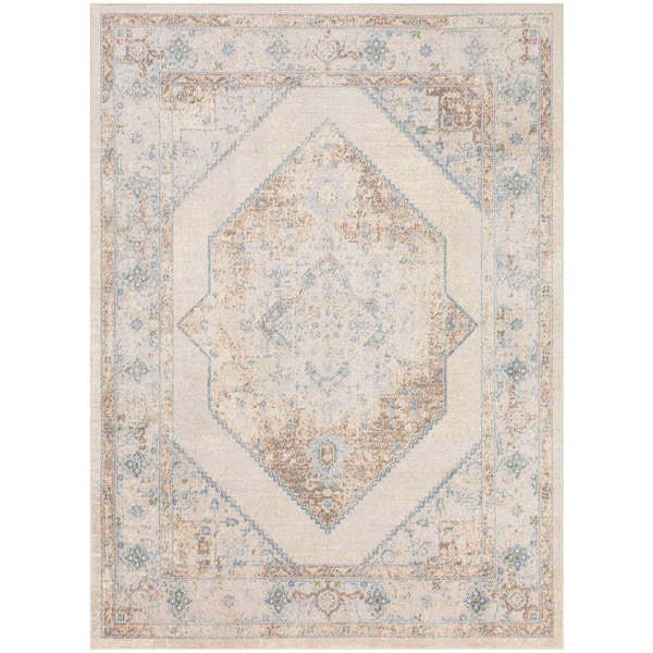 Nourison Astra Machine Washable Ivory Blue 5 ft. x 7 ft. Center medallion Traditional Area Rug