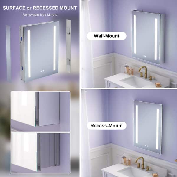 WELLFOR 24 in. W x 30 in. H Rectangular Aluminum Recessed or Surface Mount Medicine Cabinet with Mirror and Lighted, Defog,2 USB