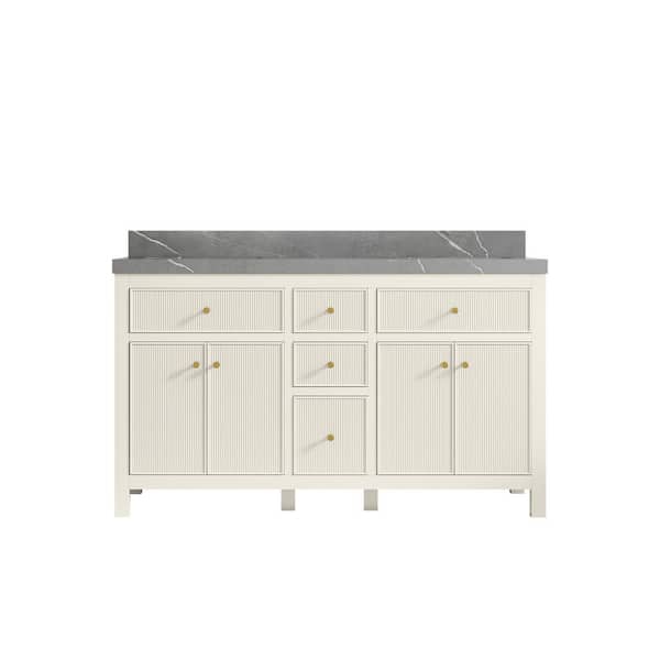 Willow Collections Sonoma 60 in. Double Sink Freestanding Alabaster Bath Vanity with Piatra Gray Qt. Top Unassembled