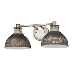Kinsley 19.25 in. 2-Light Aged Galvanized Steel Vanity Light with Antique Black Iron Shades