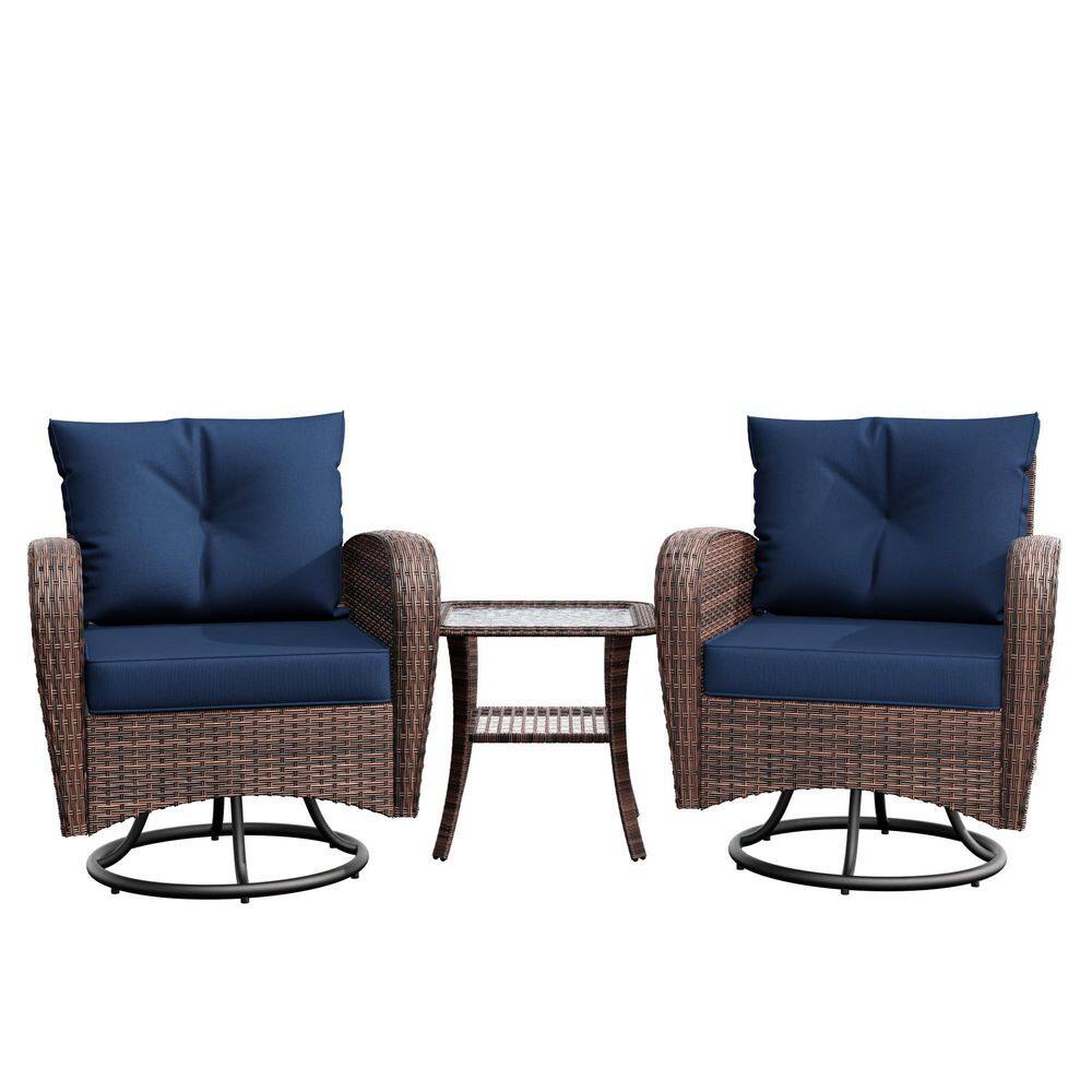 3-Piece Wicker Outdoor Rocking Chairs Swivel Chairs Patio Conversation Set Chat Set with Dakr Blue Cushions and 1 Table price history on PriceWatchPro