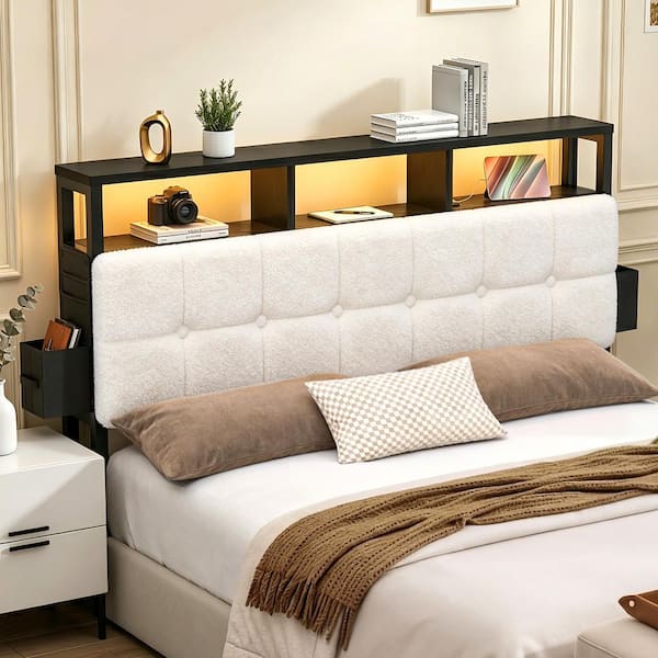 White Queen Size Upholstered Headboard with Storage Shelf and Drawer, Charging Station, RGB LED Light