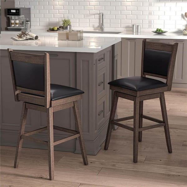 29 in. Black and Light Gray Back Wood Bar Stool with Faux Leather Seat Set of 2