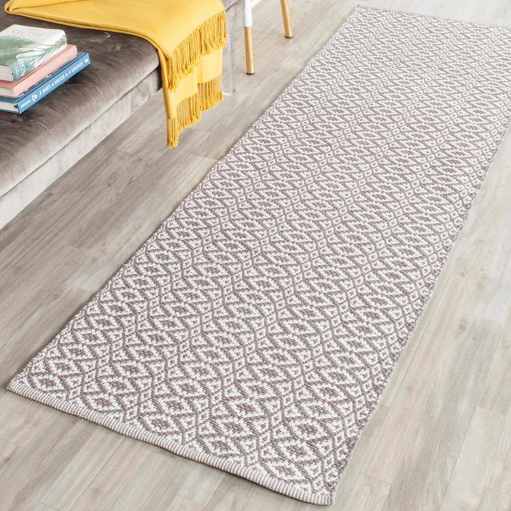 Ivory and Grey Cotton Geometric Flatweave Rug - 27" x 4"