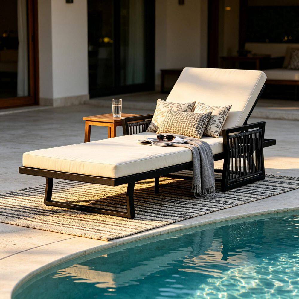 Fred Black Metal Outdoor Patio Chaise Lounge with Cream 2-Fold Cushion and Black Rope Armrests