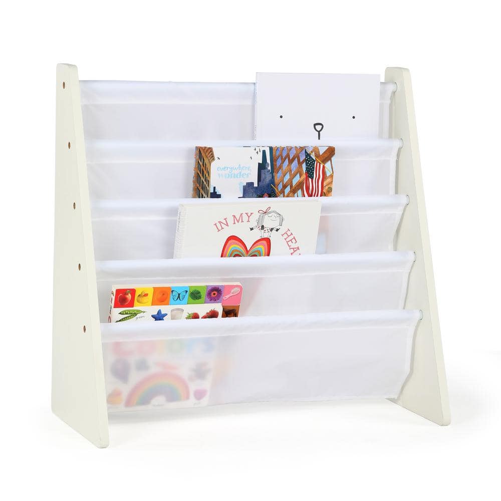 White 4-Tier Kids Book Rack with Fabric Pockets