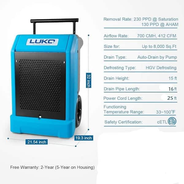 230 pt. 8,000 sq.ft. Bucketless Commercial Dehumidifier in Blue with Pump, Automatic Defrost