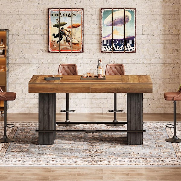 Halseey Brown Black 63 in Wood Rectangular Pedestal Dinner Kitchen Dining Table Seats 4 Heavy Duty Farmhouse Footrest