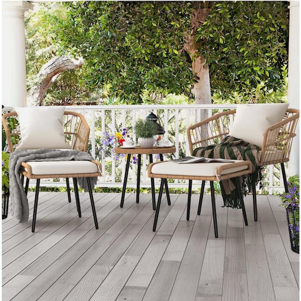 Zeus & Ruta 5-Pieces Yellow Wicker Patio Conversation Set with Cream White Cushions, 1 wood Coffee Table Ottomans Bistro Sets
