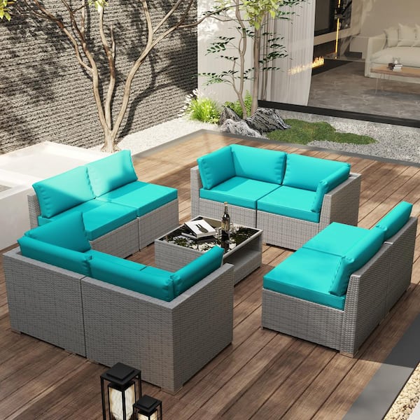 Gardenbee 9-Piece Wicker Outdoor Patio Sectional Sofa Conversation Set with Coffee Table and Turquoise Cushions
