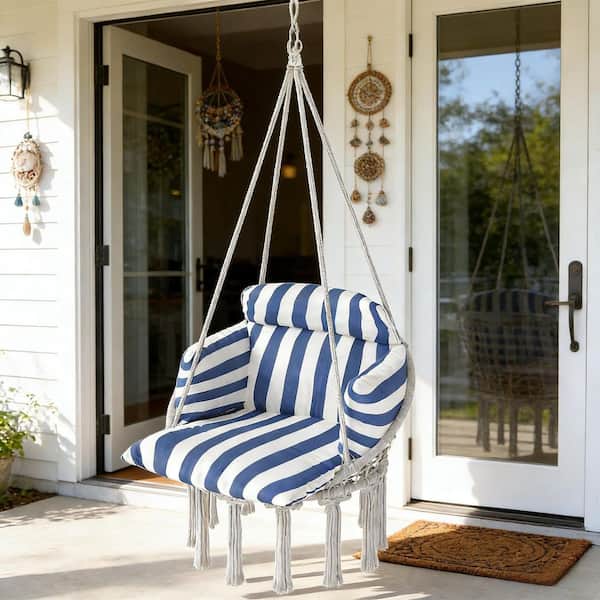 2.6 ft. 1-Person Portable Outdoor Hammock Swing Chair with Blue Stripes Cushion