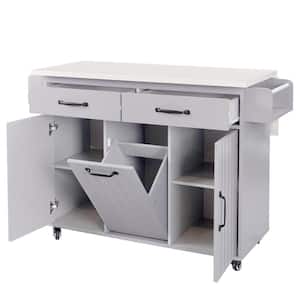 Gray Wood 51.06 in. Kitchen Island with Drawers, Tilt-out Trash Can, Towel Rack, Spice Rack, Cabinet, Drop Leaf