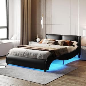 Black Wood Frame Queen Size Upholstered Platform Bed with LED Lights Underneath, Faux Leather Wave Like Led Bed Frame