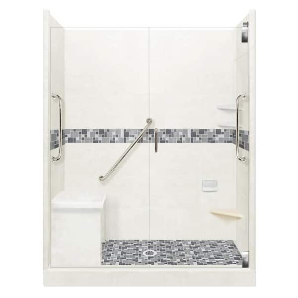 American Bath Factory Newport Freedom Grand Hinged 32 in. x 60 in. x 80 in. Center Drain Alcove Shower Kit in Natural Buff and Chrome Hardware
