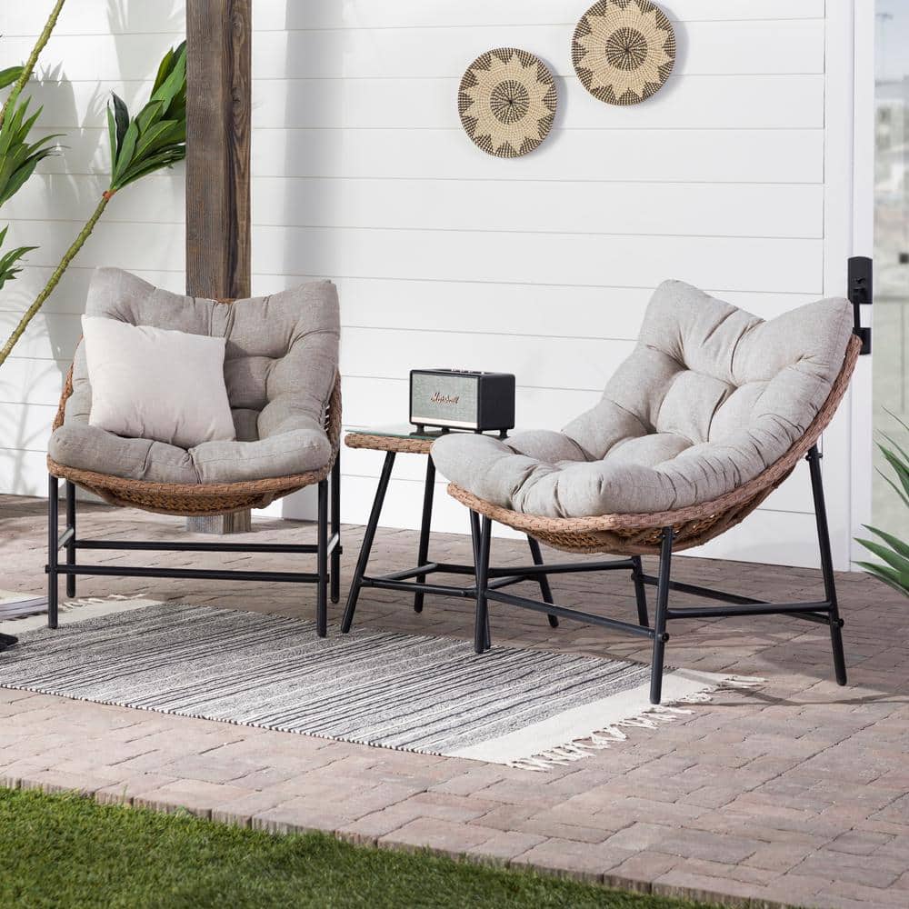 Walker Edison Furniture Company Natural 3-Piece Wicker Conversation Set with Papasan Chairs with Natural Cushions - 1