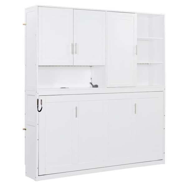 Polibi White Wood Frame Twin Size Murphy Bed with Top Cabinet