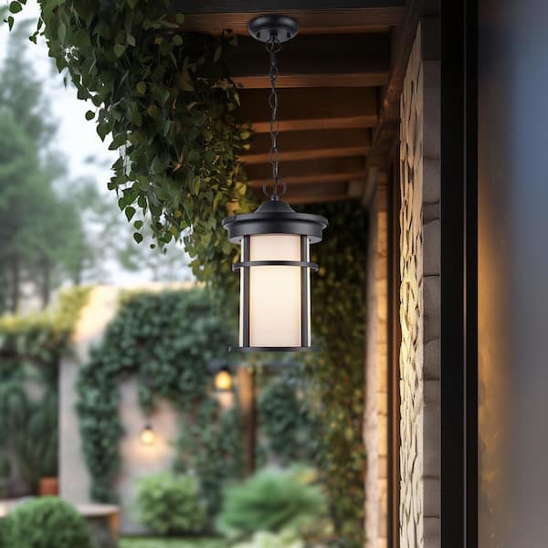 Bel Air Lighting Avalon II 13.75 in. 1-Light Black Outdoor Pendant Light Fixture with Frosted Glass