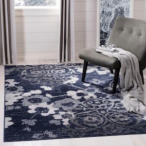 Adirondack Navy/Silver 6 ft. x 6 ft. Square Floral Area Rug