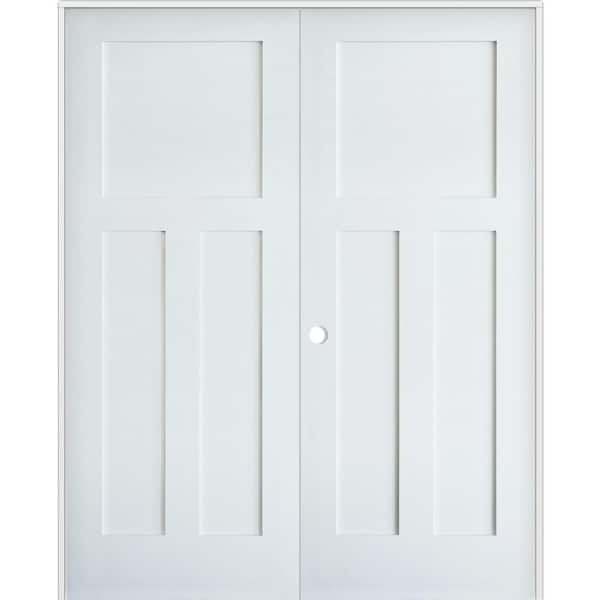 Krosswood Doors 60 in. x 96 in. Craftsman Shaker 3-Panel Right Handed MDF Solid Core Primed Wood Double Prehung Interior French Door