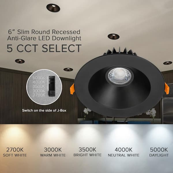 Maxxima 6 in. Slim Round Recessed Anti-Glare LED Downlight, Black Trim, Canless IC Rated, 1200 Lumens, 5 CCT 2700K-5000K MRL-S61505B - The Home Depot Maxxima 6 in. Slim Round Recessed Anti-Glare LED Downlight, Black Trim, Canless IC Rated, 1200 Lumens, 5 CCT 2700K-5000K MRL-S61505B - The Home Depot