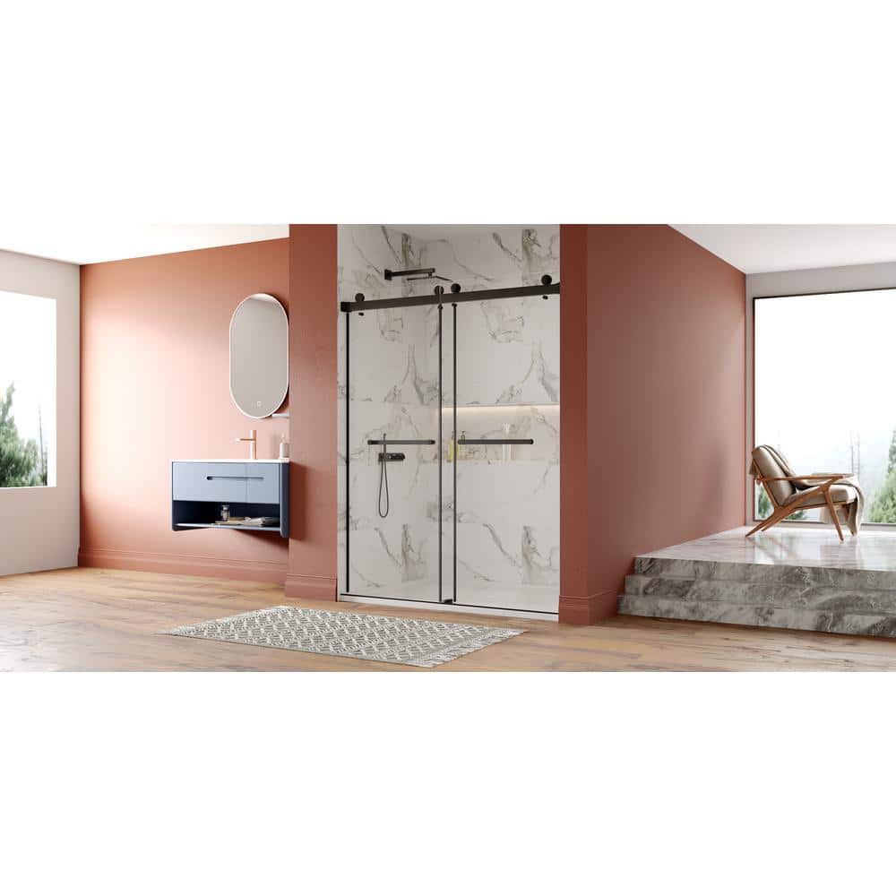 Black Frameless Double Sliding Shower Door with Tempered Glass
