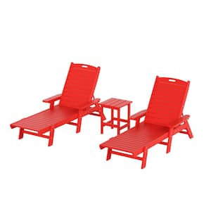 Harlo 3-Piece Red Fade Resistant HDPE Plastic Reclining Outdoor Patio Chaise Lounge Arm Chair and Table Set