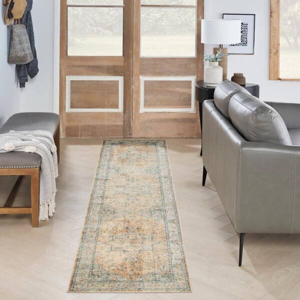Astra Machine Washable Beige Blue 2 ft. x 10 ft. Center medallion Traditional Runner Area Rug