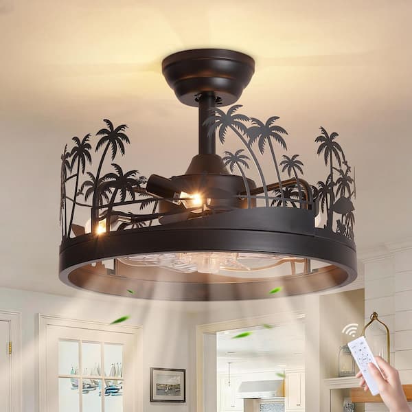 17.7 in. 4-Light Black Tropical Palm Tree Cage Downrod Mount Ceiling Fan with Light, Beach Theme Fandelier with Remote