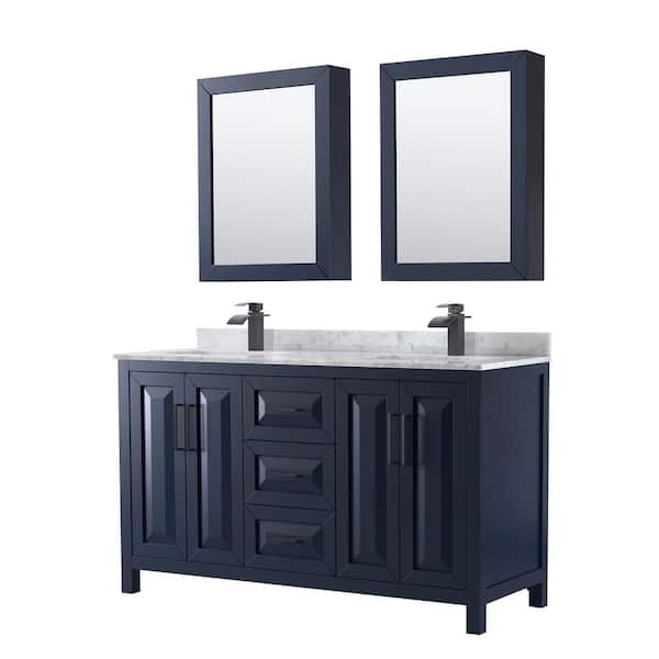 Wyndham Collection Daria 60 in. W x 22 in. D x 35.75 in. H Double Bath Vanity in Dark Blue with White Carrara Marble Top & Med Cab Mirrors