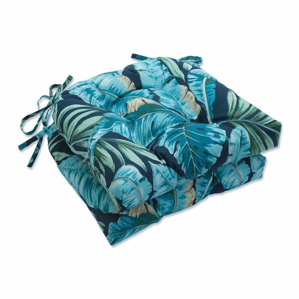 Pillow Perfect Floral 16 in. x 15.5 in. Outdoor Dining Chair Cushion in Blue/Green Tortola (Set of 2)
