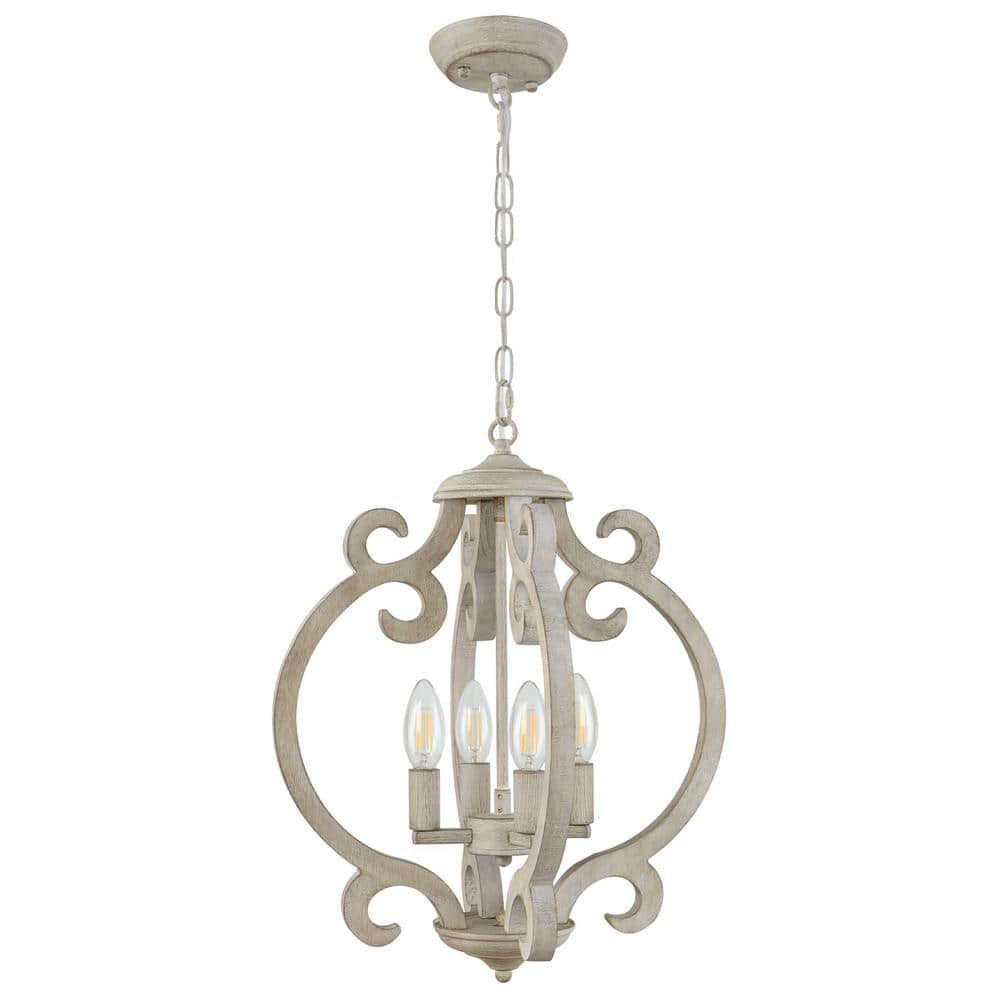 4-Light Distressed White Farmhouse Rustic Wood Chandelier for Kitchen Islan